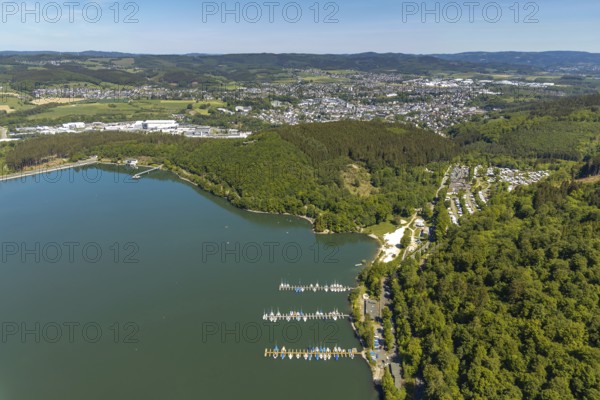 Waldenburger Bucht, Biggesee, Camping Waldenburger Bucht, aerial photo, Biggetalsperre, Attendorn, Sauerland, North Rhine-Westphalia, Germany, boat landing stage, DE, Europe, aerial photo, aerial photography, aerial photography, overview, bird's eye view, birds-eyes view, overview