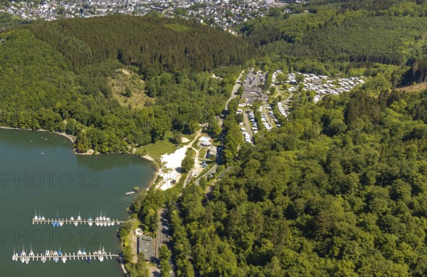 Waldenburger Bucht, Biggesee, Camping Waldenburger Bucht, aerial photo, Biggetalsperre, Attendorn, Sauerland, North Rhine-Westphalia, Germany, boat landing stage, DE, Europe, aerial photo, aerial photography, aerial photography, overview, bird's eye view, birds-eyes view, overview