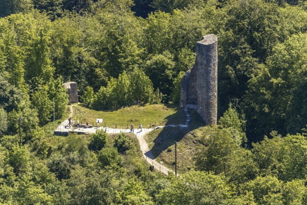 Aerial view, castle ruins Waldenburg, Attendorn, Sauerland, North Rhine-Westphalia, Germany, castle, DE, Europe, hilltop castle, aerial photograph, aerial photography, aerial photography, ruin, sight, overview, bird's-eye view, birds-eyes view, historical, overview