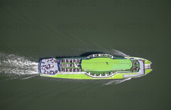 Aerial photo, excursion boat Westfalen on the Biggetalsperre, Attendorn, Sauerland, North Rhine-Westphalia, Germany, excursion trips, excursion boat, Biggesee, Biggetalsperre, DE, Europe, shapes and colours, leisure, aerial photography, aerial photography, aerial photography, passenger boat Biggesee, lake, dam, overview, bird's-eye view, birds-eyes view, overview