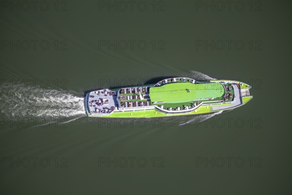 Aerial photo, excursion boat Westfalen on the Biggetalsperre, Attendorn, Sauerland, North Rhine-Westphalia, Germany, excursion trips, excursion boat, Biggesee, Biggetalsperre, DE, Europe, shapes and colours, leisure, aerial photography, aerial photography, aerial photography, passenger boat Biggesee, lake, dam, overview, bird's-eye view, birds-eyes view, overview