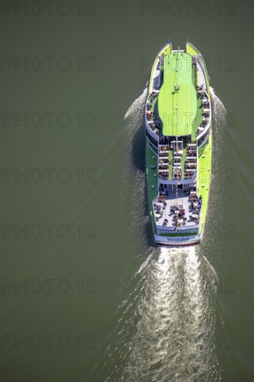 Aerial photo, excursion boat Westfalen on the Biggetalsperre, Attendorn, Sauerland, North Rhine-Westphalia, Germany, excursion trips, excursion boat, Biggesee, Biggetalsperre, DE, Europe, shapes and colours, leisure, aerial photography, aerial photography, aerial photography, passenger boat Biggesee, lake, dam, overview, bird's-eye view, birds-eyes view, overview