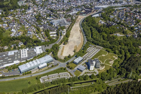 Aerial view, construction area, Greif site, bypass road, Attendorn, Sauerland, North Rhine-Westphalia, Germany, construction site, building plots, Blankenroder Mühle, DE, Europe, aerial view, aerial photography, aerial photography, overview, bird's-eye view, overview