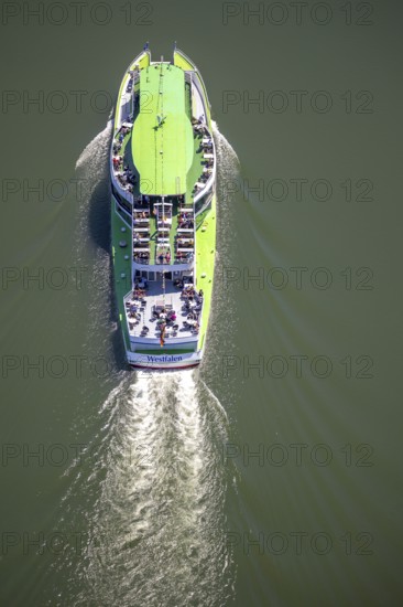Aerial photo, excursion boat Westfalen on the Biggetalsperre, Attendorn, Sauerland, North Rhine-Westphalia, Germany, excursion trips, excursion boat, Biggesee, Biggetalsperre, DE, Europe, shapes and colours, leisure, aerial photography, aerial photography, aerial photography, passenger boat Biggesee, lake, dam, overview, bird's-eye view, birds-eyes view, overview
