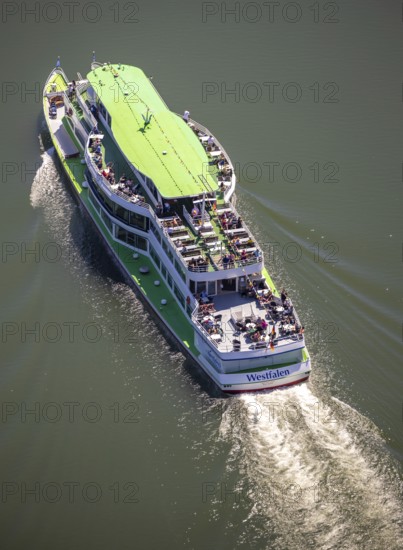 Aerial photo, excursion boat Westfalen on the Biggetalsperre, Attendorn, Sauerland, North Rhine-Westphalia, Germany, excursion trips, excursion boat, Biggesee, Biggetalsperre, DE, Europe, shapes and colours, leisure, aerial photography, aerial photography, aerial photography, passenger boat Biggesee, lake, dam, overview, bird's-eye view, birds-eyes view, overview