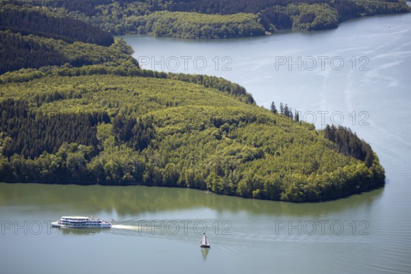 Aerial view, Biggesee, Biggetalsperre, excursion boat, Attendorn, Sauerland, North Rhine-Westphalia, Germany, excursion boat, excursion trips, DE, Europe, island, aerial view, aerial photography, aerial photography, passenger boat Biggesee, sailing boats, overview, bird's-eye view, overview