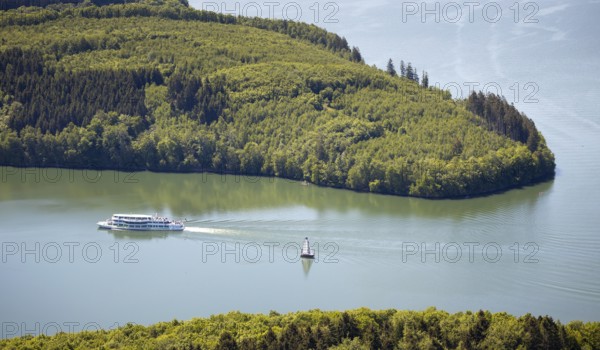 Aerial view, Biggesee, Biggetalsperre, excursion boat, Attendorn, Sauerland, North Rhine-Westphalia, Germany, excursion boat, excursion trips, DE, Europe, island, aerial view, aerial photography, aerial photography, passenger boat Biggesee, sailing boats, overview, bird's-eye view, overview