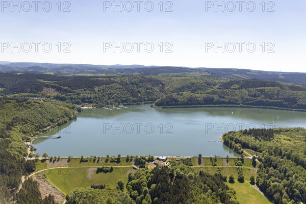 Aerial view, Biggesee, Biggetalsperre, Biggesee dam, Attendorn, Sauerland, North Rhine-Westphalia, Germany, DE, Europe, aerial view, aerial photography, aerial photography, sailboats, overview, bird's-eye view, overview