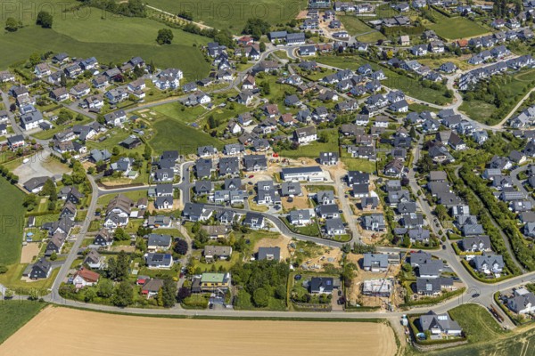 Aerial view, construction area residential area Biekhofen, Attendorn, Sauerland, North Rhine-Westphalia, Germanyconstruction area residential area, construction work, construction area, construction site, building plots, construction project, DE, Germany, Europe, property tax, real estate, aerial view, aerial photography, aerial photography, overview, bird's eye view, residential complex, living and living, residential area, residential buildings, residential quality, residential neighbourhood, housing estate, birds-eyes view, overview