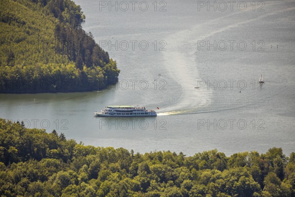 Aerial view, excursion boat Westfalen on the Biggetalsperre, Attendorn, Sauerland, North Rhine-Westphalia, Germany, excursion trips, excursion boat, Biggesee, Biggetalsperre, DE, Europe, shapes and colours, leisure, island, aerial view, aerial photography, aerial photography, passenger boat Biggesee, lake, sailing boat, dam, overview, bird's-eye view, overview