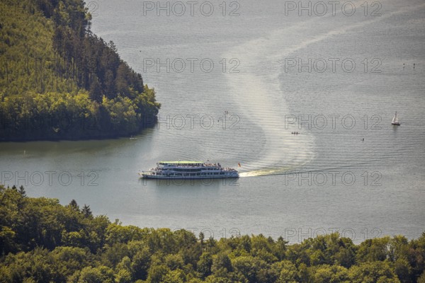 Aerial view, excursion boat Westfalen on the Biggetalsperre, Attendorn, Sauerland, North Rhine-Westphalia, Germany, excursion trips, excursion boat, Biggesee, Biggetalsperre, DE, Europe, shapes and colours, leisure, island, aerial view, aerial photography, aerial photography, passenger boat Biggesee, lake, sailing boat, dam, overview, bird's-eye view, overview