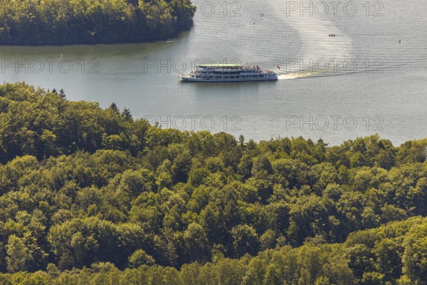 Aerial view, excursion boat Westfalen on the Biggetalsperre, Attendorn, Sauerland, North Rhine-Westphalia, Germany, excursion trips, excursion boat, Biggesee, Biggetalsperre, DE, Europe, shapes and colours, leisure, island, aerial view, aerial photography, aerial photography, passenger boat Biggesee, lake, dam, overview, bird's-eye view, overview