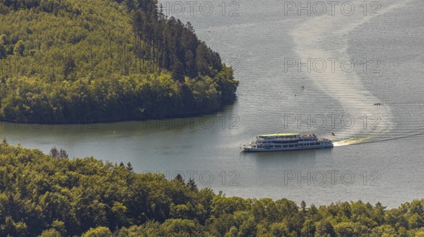 Aerial view, excursion boat on the Biggetalsperre, Attendorn, Sauerland, North Rhine-Westphalia, Germany, excursion trips, excursion boat, Biggesee, Biggetalsperre, DE, Europe, shapes and colours, leisure, island, aerial view, aerial photography, aerial photography, passenger boat Biggesee, lake, dam, overview, bird's-eye view, overview