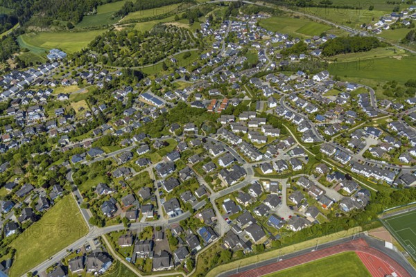Aerial view, residential area at Hansastadion, Attendorn, Sauerland, North Rhine-Westphalia, Germany, DE, Europe, property tax, real estate, aerial view, aerial photography, aerial photography, overview, bird's-eye view, living and life, residential area, residential buildings, birds-eyes view, overview