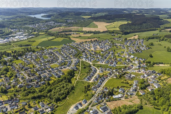 Aerial view, local view Biekhofen, Biggesee, Attendorn, Sauerland, North Rhine-Westphalia, Germany, DE, Europe, property tax, hilly landscape, real estate, aerial view, aerial photography, aerial photography, overview, bird's-eye view, meadows and fields, housing estate, living and living, residential area, residential buildings, quality of living, housing estate, birds-eyes view, overview