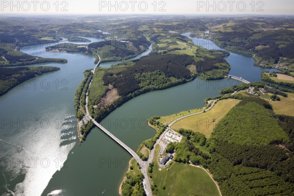 Aerial view, Biggesee, dam, Listertalsperre - dam wall, Yacht-Club Lister am Biggesee, bridge, Attendorn, Sauerland, North Rhine-Westphalia, Germany, Biggetalsperre, boats, jetty, jetty, DE, Europe, national road L512, aerial view, aerial photography, aerial photography, lake, sailing boats, dam wall, overview, bird's-eye view, forest area, yachts, birds-eyes view, overview