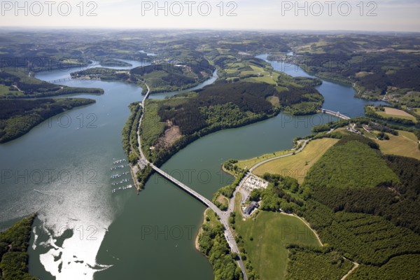 Aerial view, Biggesee, dam, Listertalsperre - dam wall, Yacht-Club Lister am Biggesee, bridge, Attendorn, Sauerland, North Rhine-Westphalia, Germany, Biggetalsperre, boats, jetty, jetty, DE, Europe, national road L512, aerial view, aerial photography, aerial photography, lake, sailing boats, dam wall, overview, bird's-eye view, forest area, yachts, birds-eyes view, overview