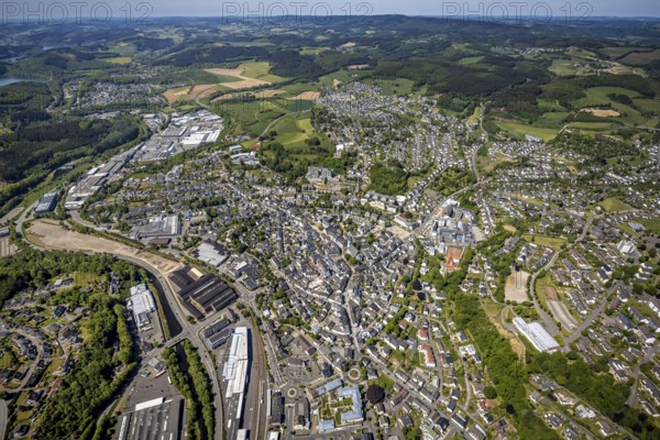 Aerial view, townscape, railway station Attendorn, commercial area Kölner Straße, Attendorn, Sauerland, North Rhine-Westphalia, Germany, railway station, DE, Deutsche Bahn AG, Europe, distant view, health care, Helios Klinik Attendorn, hospital, city centre, clinic, clinic centre, hospital, aerial view, aerial photography, aerial photography, medical facility, medical aid, emergency service, local view, urban area, overview, bird's-eye view, overview, medical care