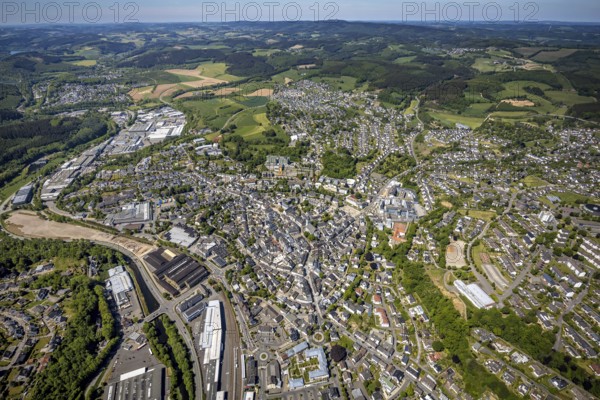 Aerial view, townscape, railway station Attendorn, commercial area Kölner Straße, Attendorn, Sauerland, North Rhine-Westphalia, Germany, railway station, DE, Deutsche Bahn AG, Europe, distant view, health care, Helios Klinik Attendorn, hospital, city centre, clinic, clinic centre, hospital, aerial view, aerial photography, aerial photography, medical facility, medical aid, emergency service, local view, urban area, overview, bird's-eye view, overview, medical care