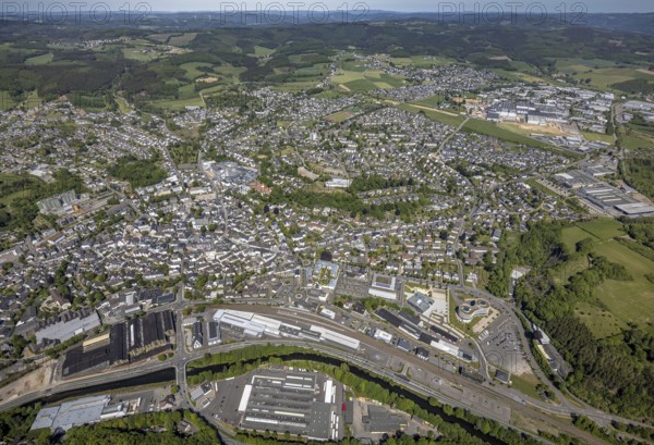 Aerial view, townscape, railway station Attendorn, entrance Attahöhle, industrial area Ennest-Askay, Attendorn, Sauerland, North Rhine-Westphalia, Germany, Attahöhle, railway station, DE, Deutsche Bahn AG, Europe, distant view, gastronomy, health care, HANSE HOTEL Attendorn, Helios Klinik Attendorn, hospital, hotel, hotel facilities, hotel business, city centre, clinic, clinic centre, hospital, aerial view, aerial photography, aerial photography, medical facility, medical assistance, emergency service, local view, sight, urban area, overview, bird's-eye view, birds-eyes view, overview, medical care
