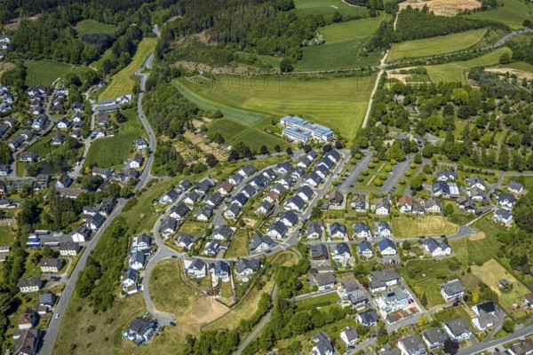 Aerial view, Haus Mutter Anna nursing home, residential area Hahnbeulerkreuz, Attendorn, Sauerland, North Rhine-Westphalia, Germany, care and nursing, DE, Europe, property tax, real estate, aerial view, aerial photography, aerial photography, care facility, nursing home, overview, bird's-eye view, residential complex, living and living, residential area, residential buildings, housing estate, birds-eyes view, overview