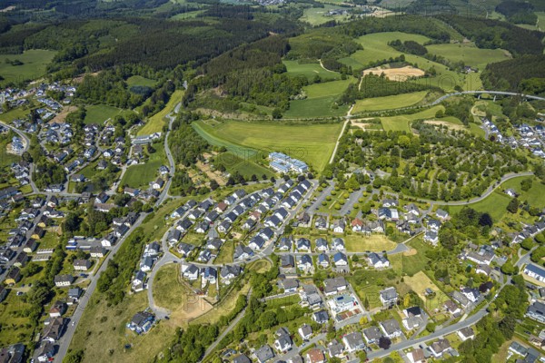 Aerial view, Haus Mutter Anna nursing home, residential area Hahnbeulerkreuz, Attendorn, Sauerland, North Rhine-Westphalia, Germany, care and nursing, DE, Europe, property tax, real estate, aerial view, aerial photography, aerial photography, care facility, nursing home, overview, bird's-eye view, residential complex, living and living, residential area, residential buildings, housing estate, birds-eyes view, overview