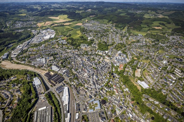 Aerial view, townscape, railway station Attendorn, commercial area Kölner Straße, Attendorn, Sauerland, North Rhine-Westphalia, Germany, railway station, DE, Deutsche Bahn AG, Europe, distant view, health care, Helios Klinik Attendorn, hospital, city centre, clinic, clinic centre, hospital, aerial view, aerial photography, aerial photography, medical facility, medical aid, emergency service, local view, urban area, overview, bird's-eye view, overview, medical care