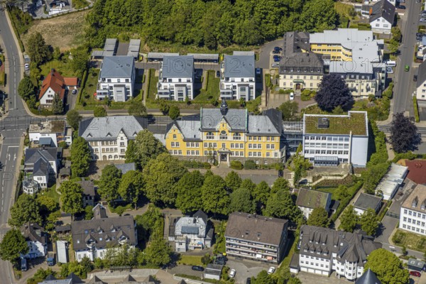 Aerial view, Städt. Rivius-Gymnasium, Franziskaner-Hof nursing home, Attendorn, Sauerland, North Rhine-Westphalia, Germany, retirement home, old people's home, care and nursing, education, educational institution, DE, Europe, grammar school, teaching institute, aerial view, aerial photography, aerial photography, nursing facility, school, retirement home, retirement home, retirement home, senior citizens' centre, overview, bird's eye view, birds-eyes view, overview