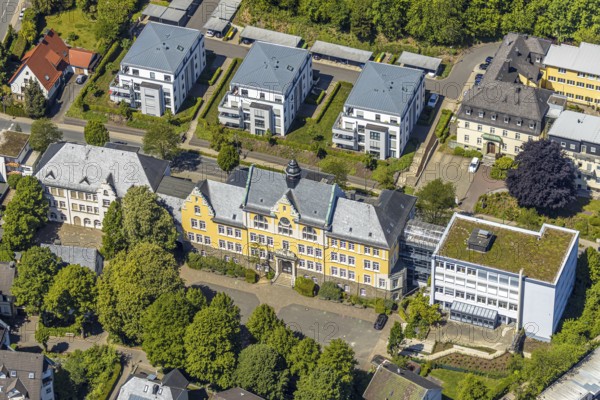 Aerial view, Städt. Rivius-Gymnasium, Franziskaner-Hof nursing home, Attendorn, Sauerland, North Rhine-Westphalia, Germany, retirement home, old people's home, care and nursing, education, educational institution, DE, Europe, grammar school, teaching institute, aerial view, aerial photography, aerial photography, nursing facility, school, retirement home, retirement home, retirement home, senior citizens' centre, overview, bird's eye view, birds-eyes view, overview