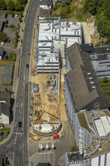 Aerial view, Viega Attendorn Campus, construction site Viega car park on Windhauser Straße, Attendorn, Sauerland, North Rhine-Westphalia, Germany, DE, Europe, commercial enterprises, commercial area, commercial site, commercial use, heating technology, industrial site, aerial photograph, aerial photography, aerial photography, sanitary engineering, overview, bird's-eye view, bird's-eye view, overview