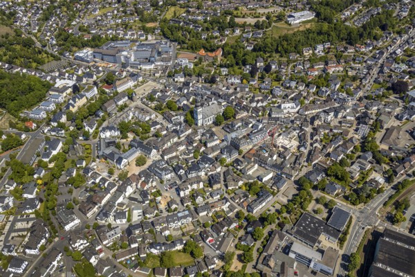 Aerial view, city view, Viega Attendorn Campus, catholic church St. Johannes Baptist, Attendorn, Sauerland, North Rhine-Westphalia, Germany, place of worship, Collegium Bernardinum des Erzbischöfliches Internat für Jungen, DE, Europe, religious community, house of worship, property tax, real estate, church, parish, denomination, aerial view, aerial photography, aerial photography, overview, bird's-eye view, residential area, living and life, residential area, residential buildings, residential neighbourhood, housing estate, birds-eyes view, overview