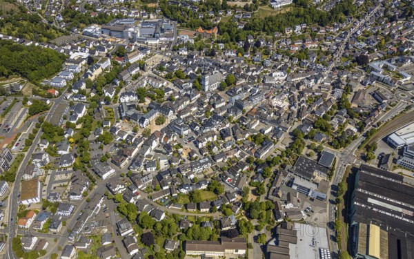 Aerial view, city view, Viega Attendorn Campus, catholic church St. Johannes Baptist, Attendorn, Sauerland, North Rhine-Westphalia, Germany, place of worship, Collegium Bernardinum des Erzbischöfliches Internat für Jungen, DE, Europe, religious community, house of worship, property tax, real estate, church, parish, denomination, aerial view, aerial photography, aerial photography, overview, bird's-eye view, residential area, living and life, residential area, residential buildings, residential neighbourhood, housing estate, birds-eyes view, overview