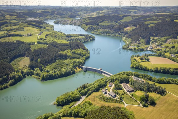 Aerial view, Lister dam, dam wall, Attendorn, Sauerland, North Rhine-Westphalia, Germany, DE, Europe, hilly landscape, aerial view, aerial photography, aerial photography, lake, sight, Lister storage power station, dam, tower, overview, bird's-eye view, meadows and fields, birds-eyes view, overview