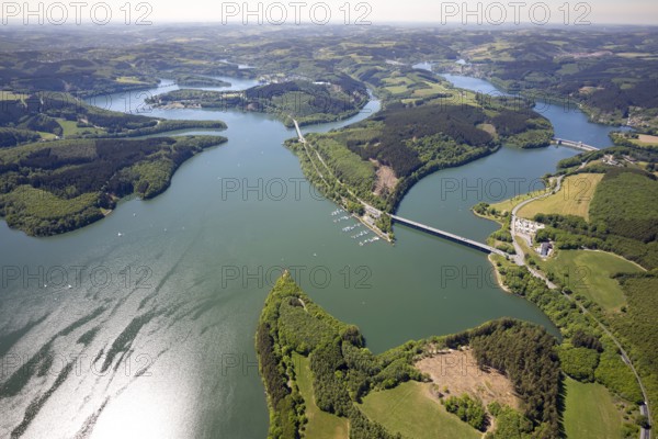 Aerial view, Biggesee, dam, Listertalsperre - dam wall, Yacht-Club Lister am Biggesee, bridge, Attendorn, Sauerland, North Rhine-Westphalia, Germany, Biggetalsperre, boats, jetty, jetty, DE, Europe, national road L512, aerial view, aerial photography, aerial photography, lake, sailing boats, dam wall, overview, bird's-eye view, forest area, yachts, birds-eyes view, overview
