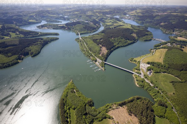 Aerial view, Biggesee, dam, Listertalsperre - dam wall, Yacht-Club Lister am Biggesee, bridge, Attendorn, Sauerland, North Rhine-Westphalia, Germany, Biggetalsperre, boats, jetty, jetty, DE, Europe, national road L512, aerial view, aerial photography, aerial photography, lake, sailing boats, dam wall, overview, bird's-eye view, forest area, yachts, birds-eyes view, overview