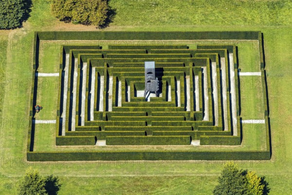 Aerial view, Gräflicher Park Health & Balance Resort, head and body sculpture, walk-in labyrinth, maze, Bad Driburg, East Westphalia-Lippe, North Rhine-Westphalia, Germany, Brunnenallee, DE, Europe, garden, restaurant, gastronomy, hotel, hotel facilities, hotel business, aerial view, aerial photography, aerial photography, OLWBUCH, OWL, OWL-Buch, East Westphalia, park, overview, bird's-eye view, birds-eyes view, overview