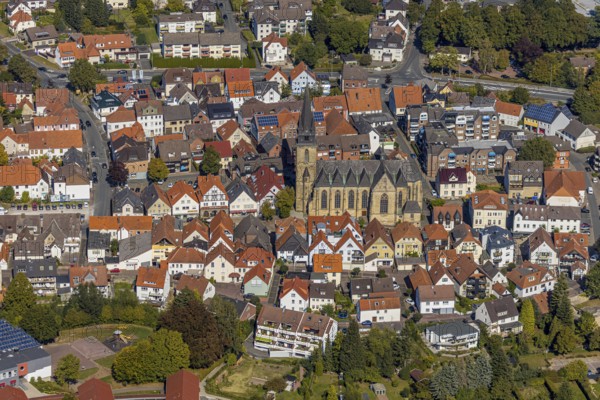 Aerial view, town centre, catholic church St. Peter and Paul, Bad Driburg, East Westphalia-Lippe, North Rhine-Westphalia, Germany, place of worship, city, DE, Europe, religious community, place of worship, property tax, holy place, real estate, city centre, church, parish, denomination, aerial view, aerial photography, aerial photography, OLWBUCH, OWL, OWL-Buch, local view, East Westphalia, religion, religious site, townscape, urban area, city centre, overview, bird's-eye view, residential area, living and life, residential area, residential buildings, residential quality, residential quarter, housing estate, birds-eyes view, overview