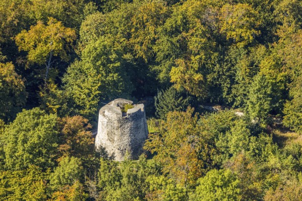 Aerial photo, Iburg, ruin, Bad Driburg, Ostwestfalen-Lippe, North Rhine-Westphalia, Germany, castle, DE, Eggegebirge, Europe, aerial photo, aerial photography, aerial photography, OLWBUCH, OWL, OWL-Buch, Ostwestfalen, overview, bird's eye view, forest area, birds-eyes view, overview