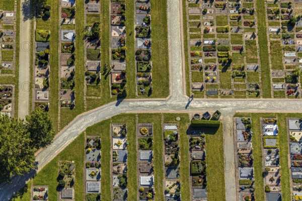 Aerial view, cemetery Lange Straße, Bad Driburg, Ostwestfalen-Lippe, North Rhine-Westphalia, Germany, burial site, DE, Europe, shapes and colours, cemetery, memorial, Gottesacker, graves, burial ground, aerial photograph, aerial photography, aerial photography, OLWBUCH, OWL, OWL-Buch, Ostwestfalen, resting place, overview, bird's-eye view, overview, urn graves, rows of graves, urn field