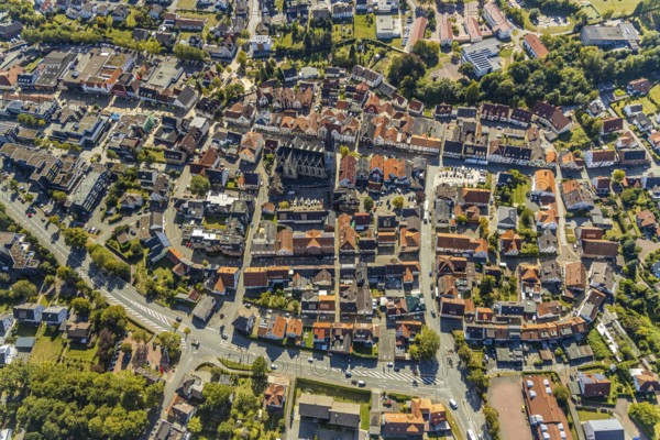 Aerial view, town centre, catholic church St. Peter and Paul, Bad Driburg, East Westphalia-Lippe, North Rhine-Westphalia, Germany, place of worship, city, DE, Europe, religious community, place of worship, property tax, holy place, real estate, city centre, church, parish, denomination, aerial view, aerial photography, aerial photography, OLWBUCH, OWL, OWL-Buch, local view, East Westphalia, religion, religious site, townscape, urban area, city centre, overview, bird's-eye view, residential area, living and life, residential area, residential buildings, residential quality, residential quarter, housing estate, birds-eyes view, overview