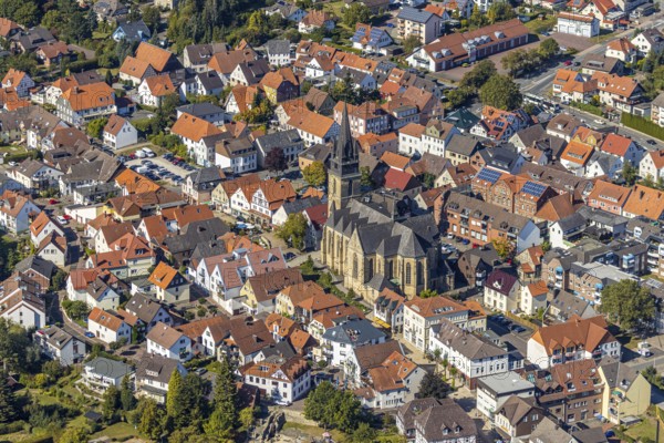 Aerial view, town centre, catholic church St. Peter and Paul, Bad Driburg, East Westphalia-Lippe, North Rhine-Westphalia, Germany, place of worship, city, DE, Europe, religious community, place of worship, property tax, holy place, real estate, city centre, church, parish, denomination, aerial view, aerial photography, aerial photography, OLWBUCH, OWL, OWL-Buch, local view, East Westphalia, religion, religious site, townscape, urban area, city centre, overview, bird's-eye view, residential area, living and life, residential area, residential buildings, residential quality, residential quarter, housing estate, birds-eyes view, overview
