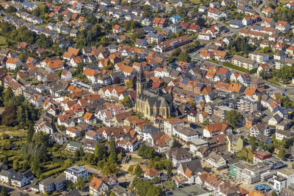 Aerial view, town centre, catholic church St. Peter and Paul, Bad Driburg, East Westphalia-Lippe, North Rhine-Westphalia, Germany, place of worship, city, DE, Europe, religious community, place of worship, property tax, holy place, real estate, city centre, church, parish, denomination, aerial view, aerial photography, aerial photography, OLWBUCH, OWL, OWL-Buch, local view, East Westphalia, religion, religious site, townscape, urban area, city centre, overview, bird's-eye view, residential area, living and life, residential area, residential buildings, residential quality, residential quarter, housing estate, birds-eyes view, overview