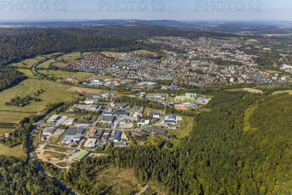 Aerial view, industrial area south, local view, Bad Driburg, East Westphalia-Lippe, North Rhine-Westphalia, Germany, federal road B64, DE, Europe, distant view, commercial enterprises, commercial area, commercial park, commercial location, commercial use, property tax, real estate, industrial area, industrial building, industrial site, aerial view, aerial photography, aerial photography, OLWBUCH, OWL, OWL-Buch, Ostwestfalen, Südenfeldmark, overview, bird's-eye view, forest area, residential area, housing and living, residential area, residential buildings, residential quality, residential neighbourhood, housing estate, birds-eyes view, overview