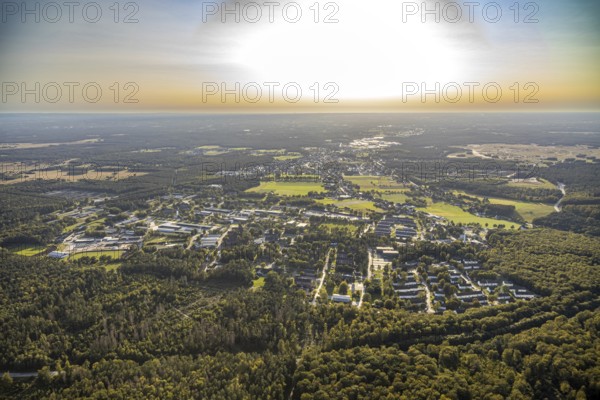Aerial photograph, Generalfeldmarschall Rommel Kaserne, Augustdorf, Ostwestfalen-Lippe, North Rhine-Westphalia, Germany, DE, Europe, GFM-Rommel-Kaserne, barracks, aerial photograph, aerial photography, aerial photography, military barracks, OLWBUCH, OWL, OWL-Buch, Ostwestfalen, Panzerbrigade 21 Lipperland, Senne, overview, bird's-eye view, forest area, birds-eyes view, overview