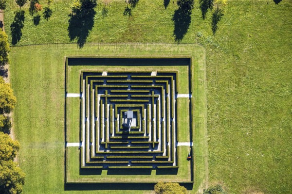 Aerial view, Gräflicher Park Health & Balance Resort, head and body sculpture, walk-in labyrinth, maze, Bad Driburg, East Westphalia-Lippe, North Rhine-Westphalia, Germany, Brunnenallee, DE, Europe, garden, restaurant, gastronomy, hotel, hotel facilities, hotel business, aerial view, aerial photography, aerial photography, OLWBUCH, OWL, OWL-Buch, East Westphalia, park, overview, bird's-eye view, birds-eyes view, overview