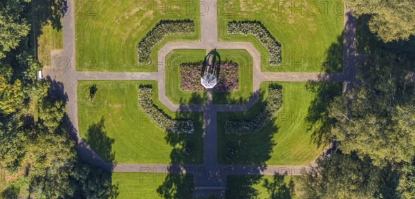 Aerial view, garden, Gräflicher Park Health & Balance Resort, Bad Driburg, Ostwestfalen-Lippe, North Rhine-Westphalia, Germany, flower bed, Brunnenallee, DE, Europe, inn, gastronomy, hotel, hotel facilities, hotel industry, aerial photograph, aerial photography, aerial photography, OLWBUCH, OWL, OWL-Buch, Ostwestfalen, park, rectangular shape, sun roof, overview, bird's eye view, birds-eyes view, overview