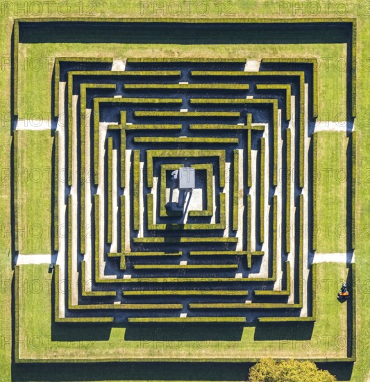 Aerial view, Gräflicher Park Health & Balance Resort, head and body sculpture, walk-in labyrinth, maze, Bad Driburg, East Westphalia-Lippe, North Rhine-Westphalia, Germany, Brunnenallee, DE, Europe, garden, restaurant, gastronomy, hotel, hotel facilities, hotel business, aerial view, aerial photography, aerial photography, OLWBUCH, OWL, OWL-Buch, East Westphalia, park, overview, bird's-eye view, birds-eyes view, overview