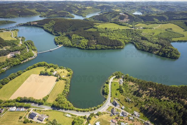 Aerial view, Lister dam, dam wall, Attendorn, Sauerland, North Rhine-Westphalia, Germany, DE, Europe, hilly landscape, aerial view, aerial photography, aerial photography, lake, sight, Lister storage power station, dam, tower, overview, bird's-eye view, meadows and fields, birds-eyes view, overview