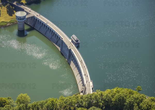Aerial view, Lister dam, dam wall, Attendorn, Sauerland, North Rhine-Westphalia, Germany, DE, Europe, hilly landscape, aerial view, aerial photography, aerial photography, lake, sight, Lister storage power station, dam, tower, overview, bird's-eye view, meadows and fields, birds-eyes view, overview