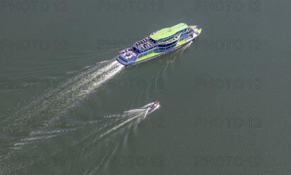 Aerial photo, excursion boat Westfalen on the Biggetalsperre, motorboat, Attendorn, Sauerland, North Rhine-Westphalia, Germany, excursion trips, excursion boat, Biggesee, Biggetalsperre, DE, Europe, shapes and colours, leisure, aerial photography, aerial photography, aerial photography, passenger boat Biggesee, lake, dam, overview, bird's-eye view, birds-eyes view, overview